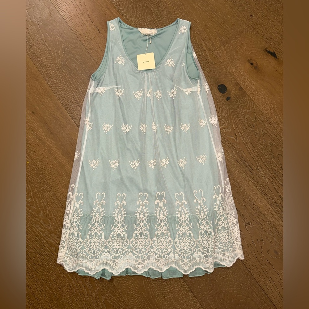 NWT A'Reve Mint Green Midi Dress with White Lace Embroidery